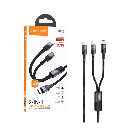 Cabo de Carregamento 2 em 1 Hoco u139 USB-C para (Tipo-C+Lightning) 100W 1,2m Preto